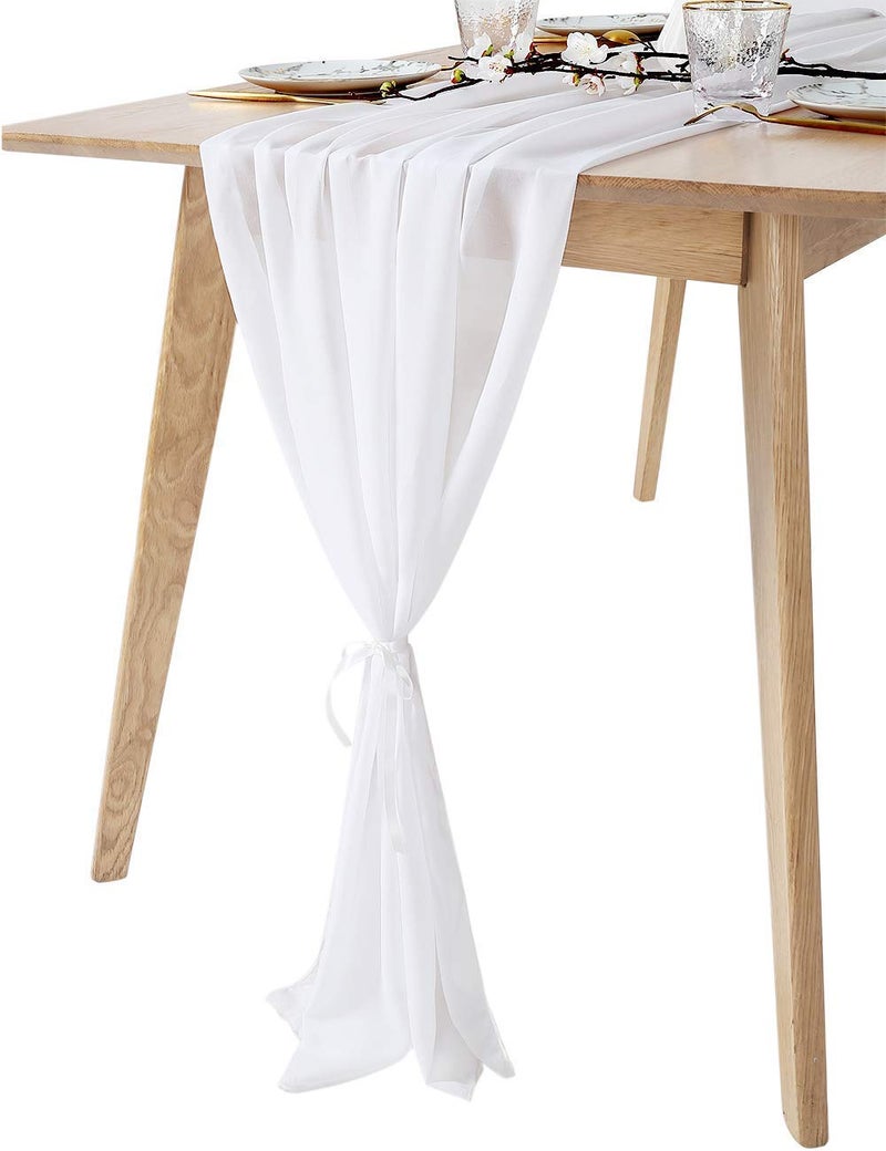 QueenDream 10Ft 1 Piece White Chiffon Table Runner 27x120 Inches Sheer Chiffon Fabric Bridal Party Romantic Wedding Reception Christmas Decorations - Image 1